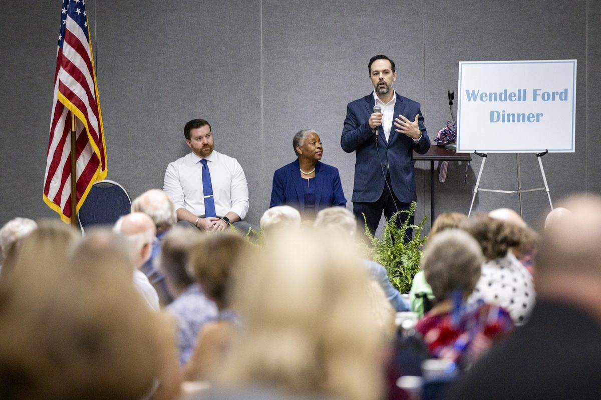 Joel Willett speaks during the annual Wendell H. Ford Dinner on Tuesday, Sept. 30, 2025, at Clay Community Center in Mount Sterling, Ky.
