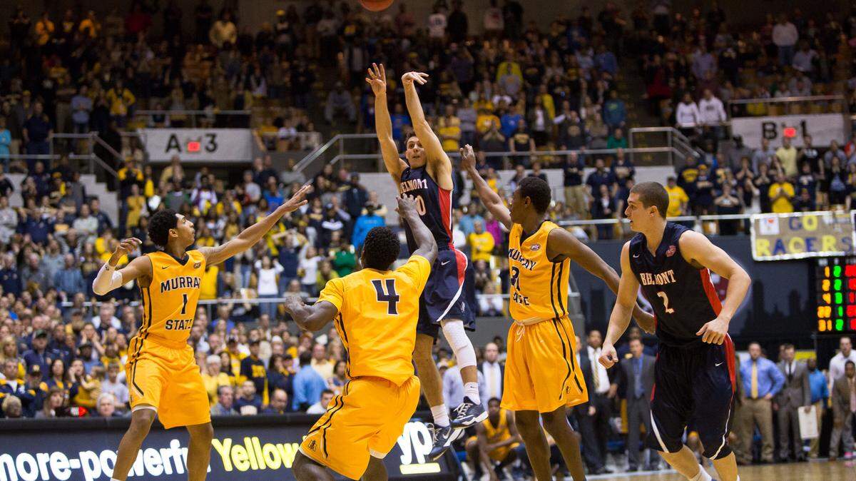 Belmont's Taylor Barnette shot his game-winning three-pointer against Murray State in the OVC finals on Saturday.  