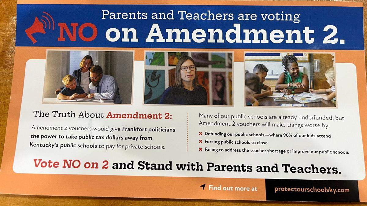 A mailer from Protect Our Schools KY, the group opposing Amendment 2 in Kentucky.