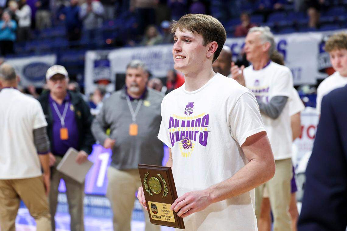 Lyon County star Travis Perry holds his MVP award after winning the Boys’ Sweet 16 state championship on Saturday night in Rupp Arena. Perry is the 2024 Kentucky Mr. Basketball.