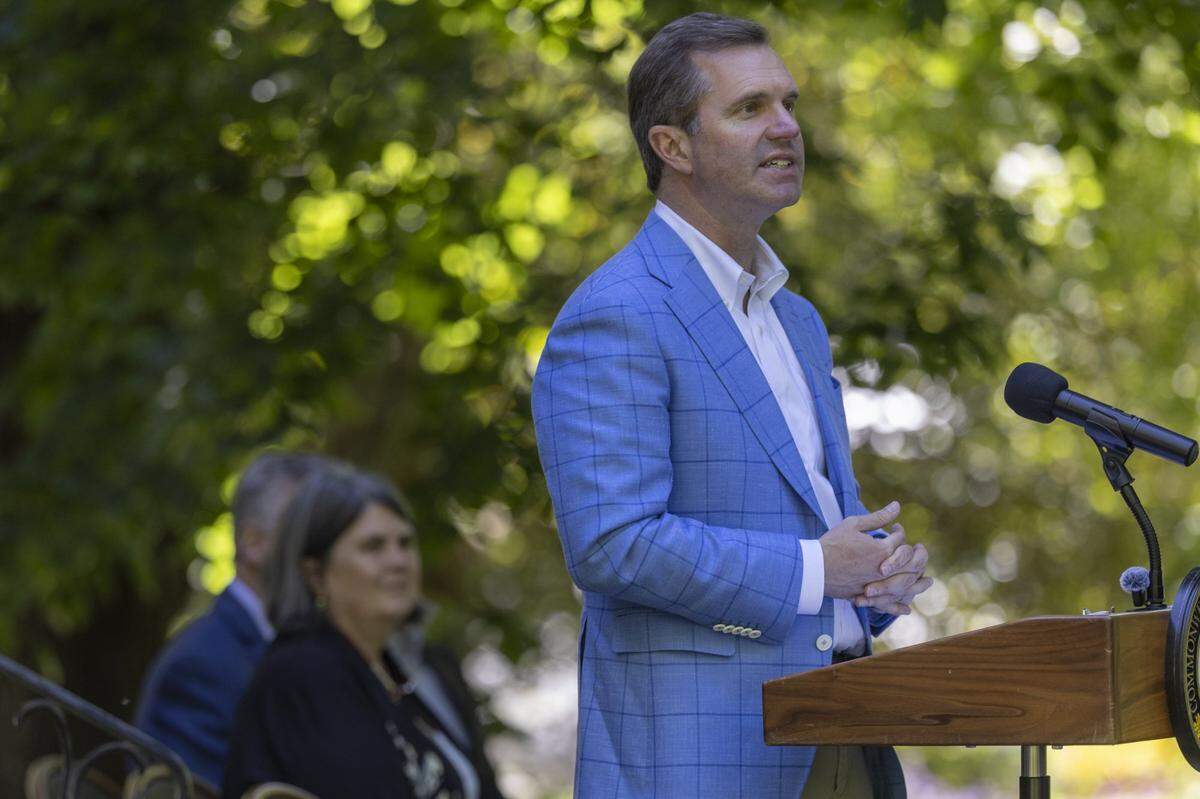 Kentucky Gov. Andy Beshear speaks during a press conference to launch the Kentucky Historic Dining Guide, a new resource celebrating Kentucky's rich culinary heritage and historic places.