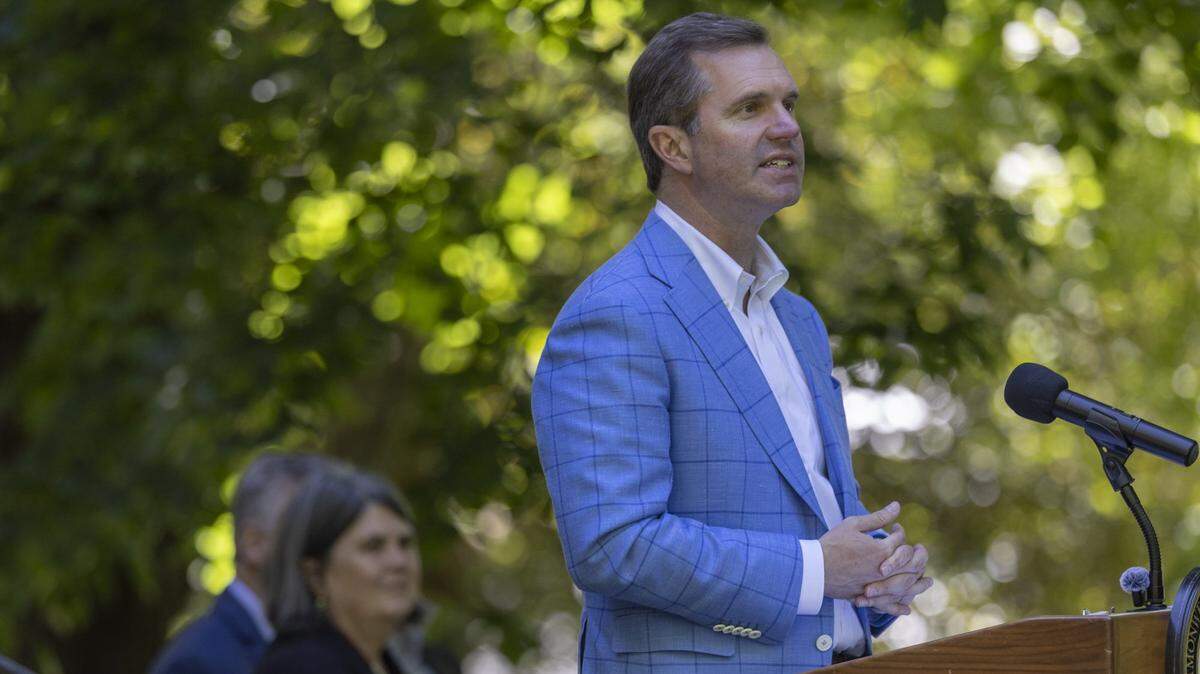 Kentucky Gov. Andy Beshear speaks during a press conference to launch the Kentucky Historic Dining Guide, a new resource celebrating Kentucky's rich culinary heritage and historic places.