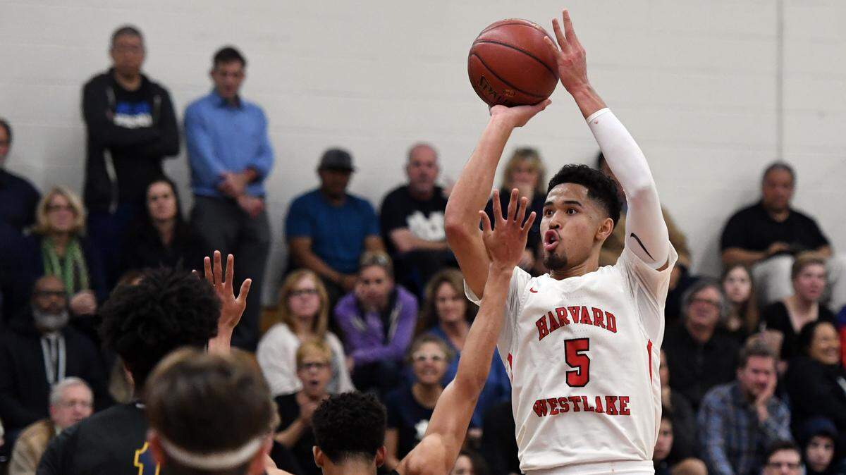 Harvard-Westlake’s Johnny Juzang #5 shoots as Notre Dame’s Coltrane Goring #21 defends during their game at Harvard-Westlake Friday, Jan 4, 2019. (Photo by Hans Gutknecht, Los Angeles Daily NewsSCNG)