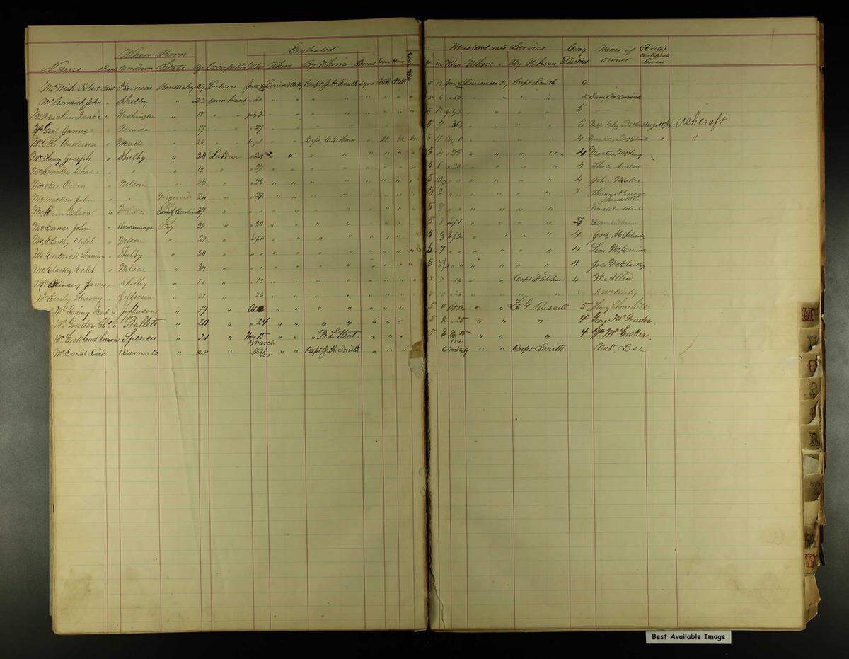 A ledger book showing Black Civil War soldiers information. (Reckoning Inc.)