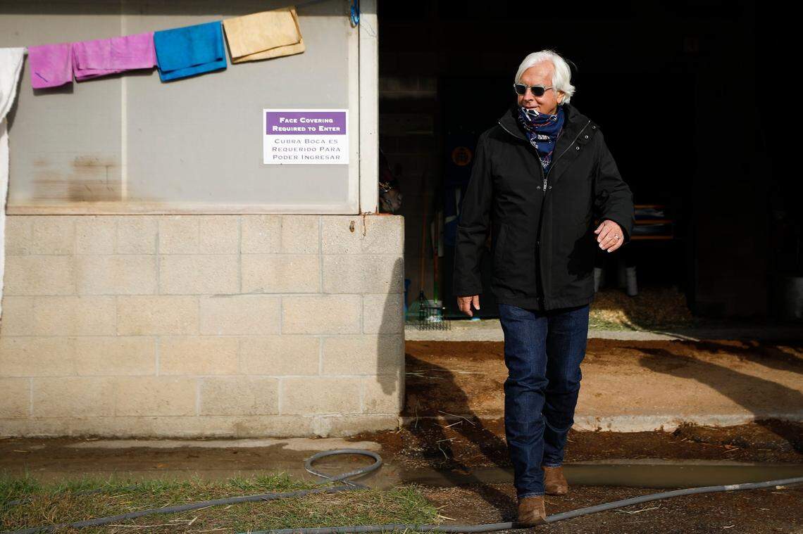 Trainer Bob Baffert leaves his barn after morning workouts in preparation for the Breeders’ Cup at Keeneland in Lexington, Ky., Thursday, Nov. 5, 2020.
