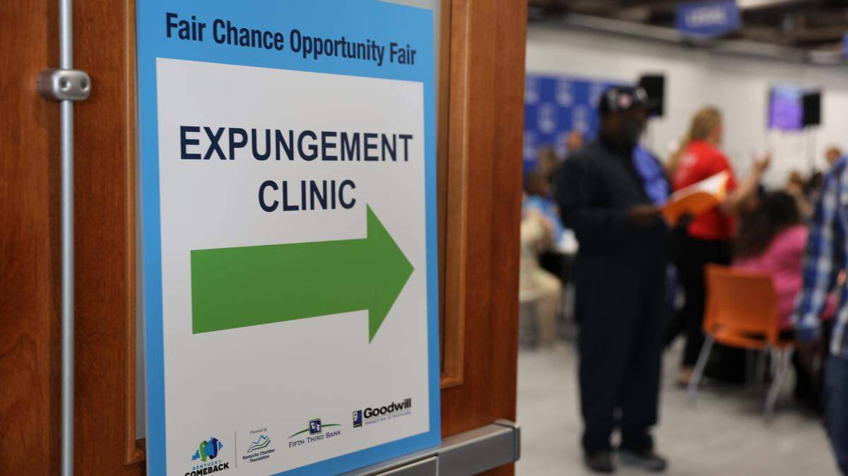 A sign directs participants to a Fair Chance Opportunity Fair hosted by KY Chamber Foundation, Fifth Third Bank, and Goodwill Industries of KY on March 26 in Elizabethtown.