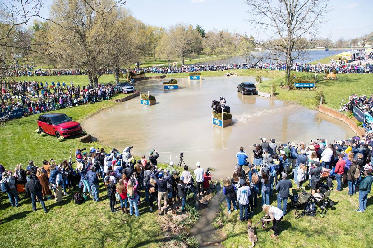 Boyd Martin aboard Tsetserleg completed the Head of the Lake during the Land Rover Kentucky Three Day Event Cross Country Competition at the Kentucky Horse Park on Saturday April 28, 2018. The spot is a popular one with fans.