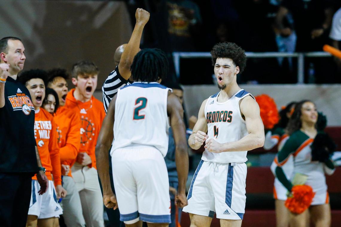 Kai Simpson (4) of Frederick Douglass celebrates scoring and drawing a foul against Lexington Catholic during last week’s 11th Region Tournament championship game. The Broncos are making their first Sweet 16 appearance this week.