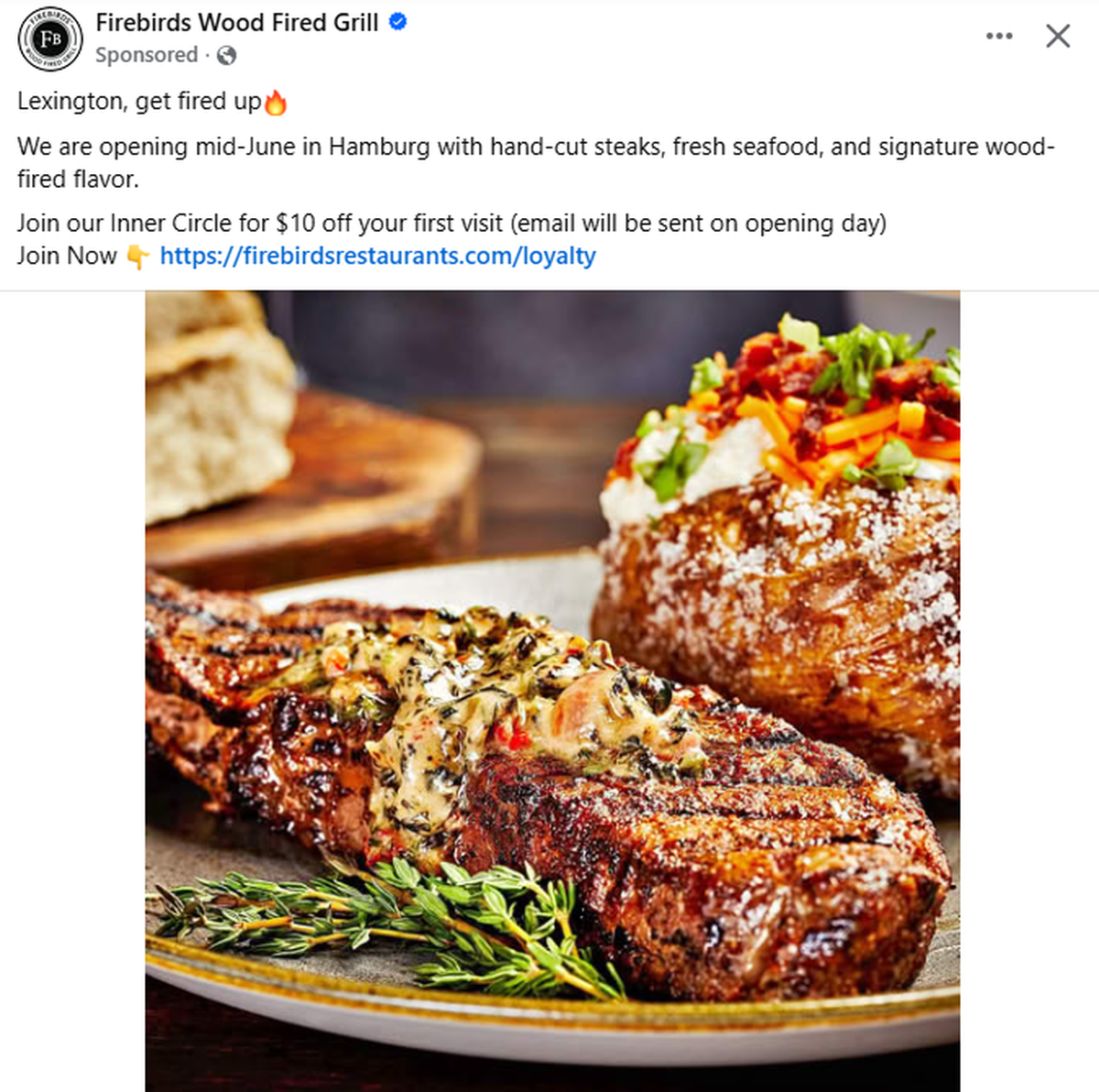 An ad on Facebook from Firebirds said the Lexington restaurant will open in mid-June.