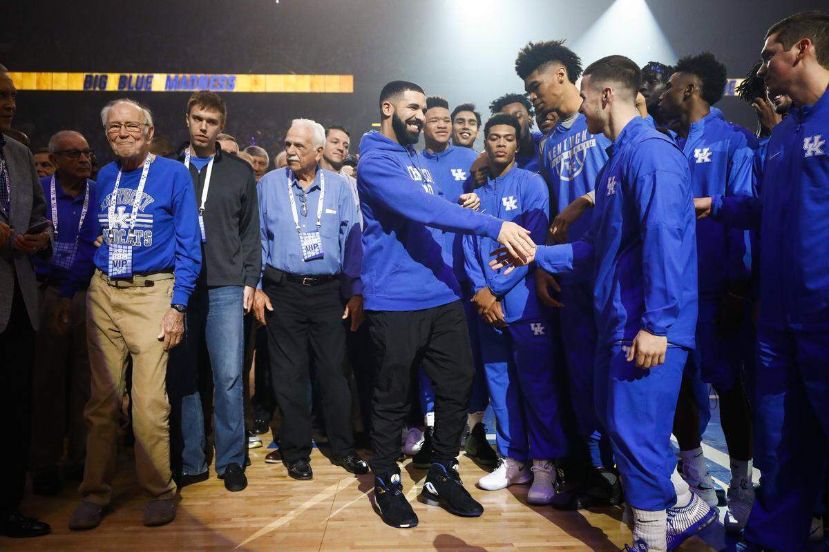 Drake greeted past and present members of the Kentucky men’s basketball team during Big Blue Madness at Rupp Arena in Lexington, Ky., on Oct. 13, 2017.