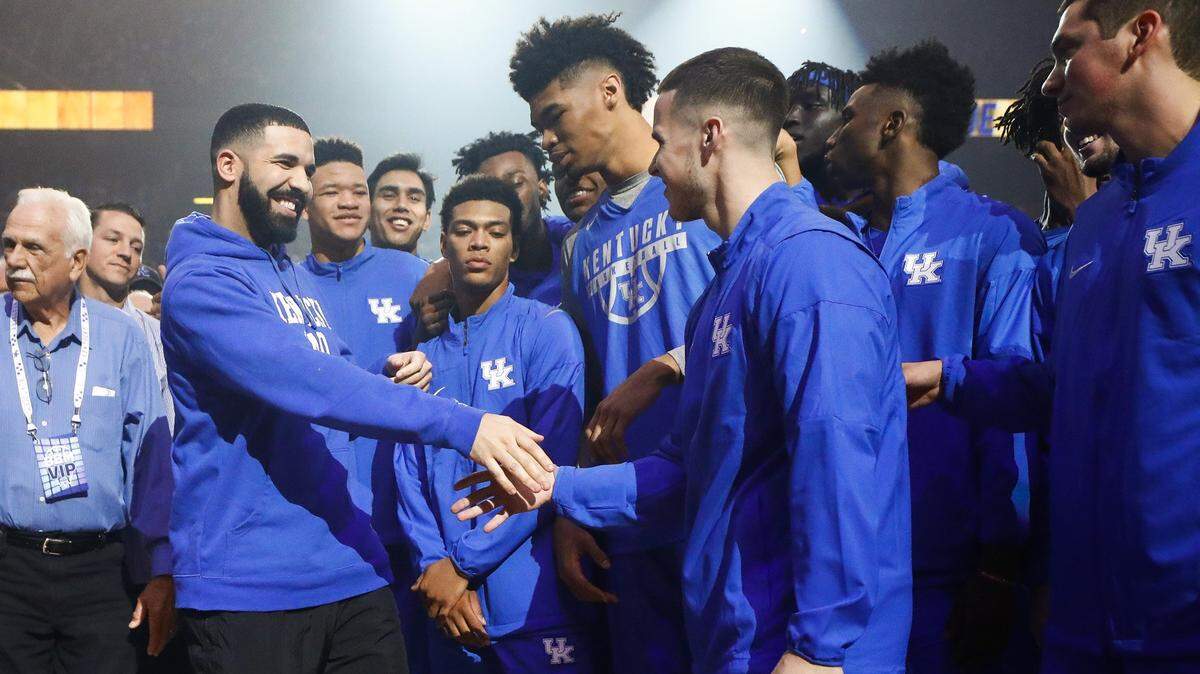 Drake greeted past and present members of the Kentucky men’s basketball team during Big Blue Madness at Rupp Arena in Lexington, Ky., on Oct. 13, 2017. A report this week has claimed Drake will attend Memphis’ Madness event this season.