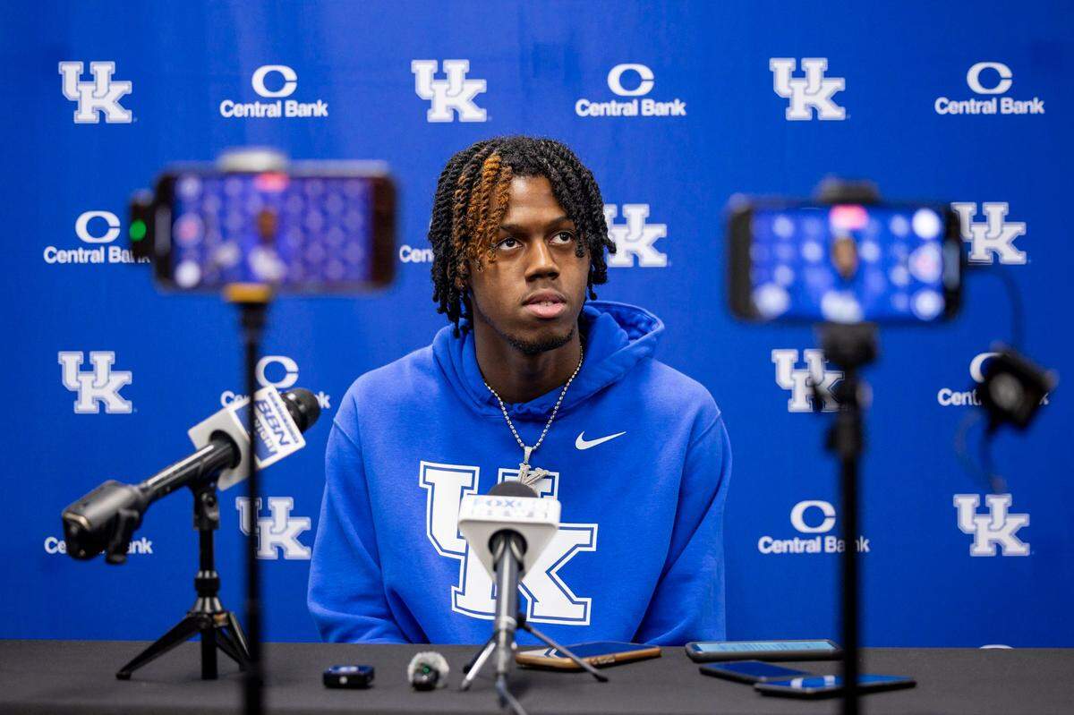 Kentucky guard Kam Williams speaks with reporters during an interview session on July 8.