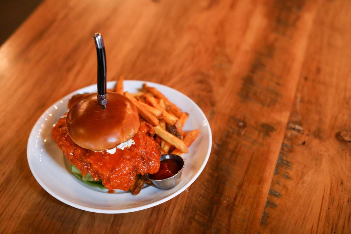 Carson’s massive buffalo chicken sandwich is made by tossing a fried chicken breast in a thick buffalo sauce. It is served with lettuce, tomato, red onion, dill ranch dressing and bleu cheese crumbles.