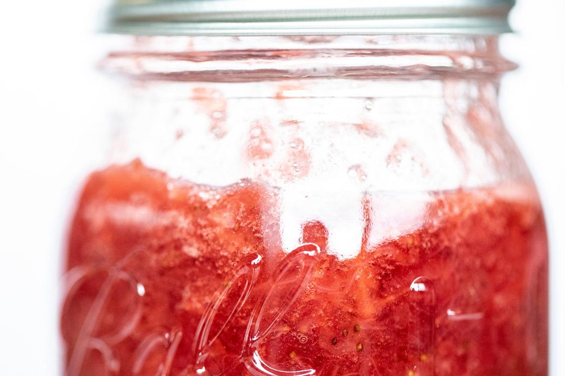 Homemade strawberry jam made from strawberries grown at Eckert’s Farm in Versailles. The freezer version is easy for first-timers.