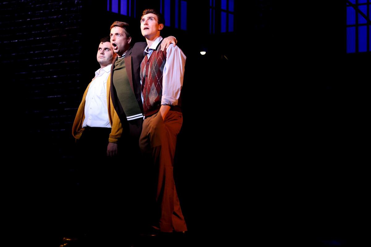Jacob Canderozzi, Caleb Albert and Tyler Okunski perform a scene from “Jersey Boys” Monday, July 29, 2024, at Lexington Opera House.