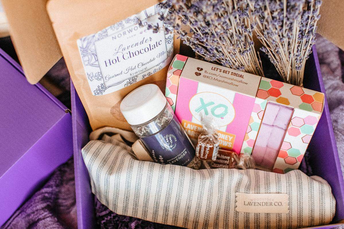 A recent Purple Spoon culinary subscription box including lavender marshmallows and other goodies.