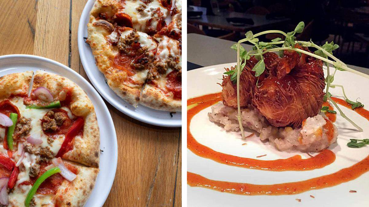 Pizza’s from Addie’s Stone-Fired Pizza at left, and Azur’s signature woven shrimp at right. Both are successful restaurants in the Beaumont neighborhood.