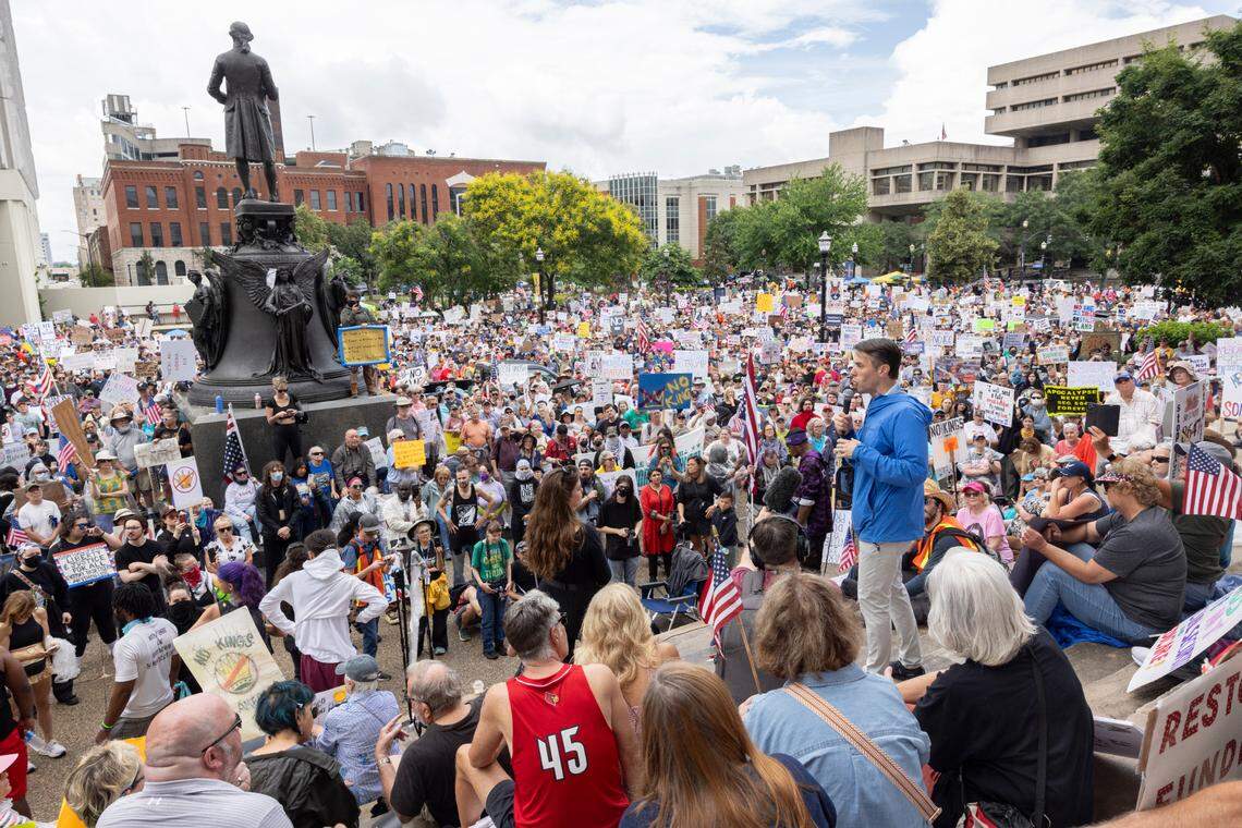 Congressman Morgan McGarvey speaks to the thousands of demonstrators gathered during the ‘No Kings’ march and protest at Metro Hall in downtown Louisville, Kentucky, Saturday, June 14, 2025. ‘No Kings’ rallies organized across the United States in direct response to President Donald Trump’s military parade in Washington D.C.
