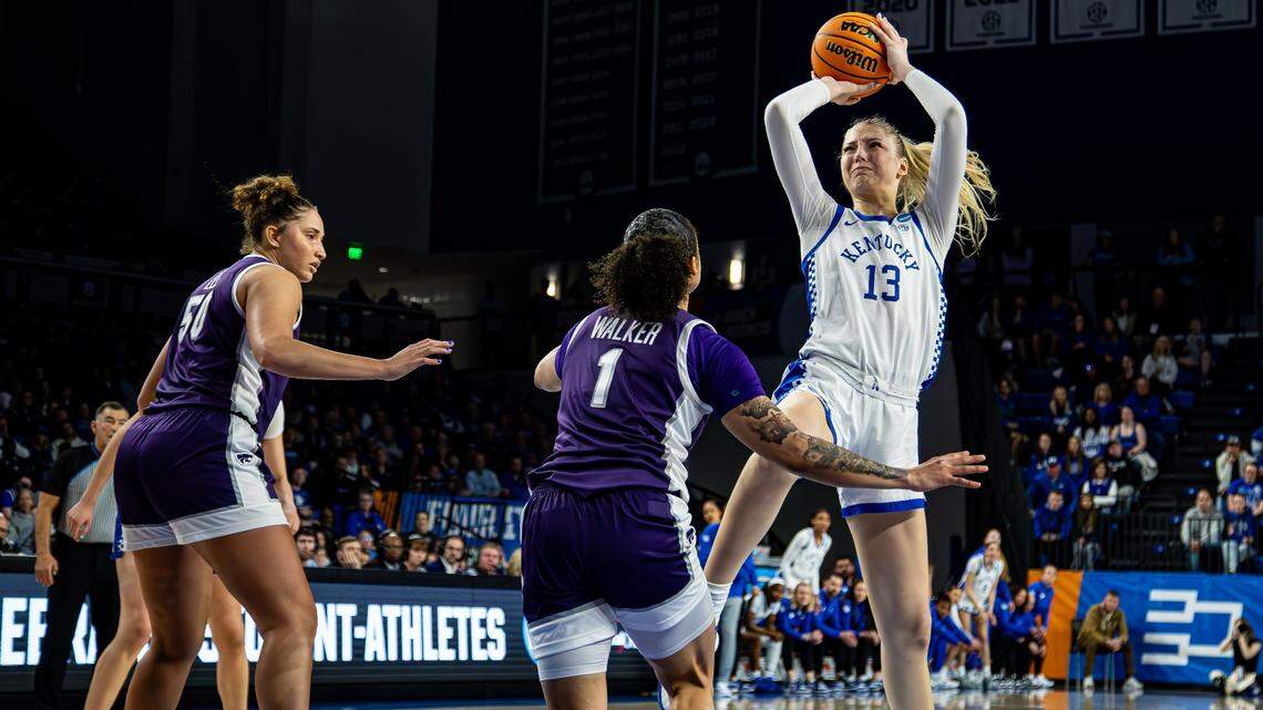 Kentucky center Clara Strack (13) had 17 points, 13 rebounds, two assists and five blocks in the Wildcats’ 76-35 win over Purdue Tuesday night. The Cats were plus-41 with Strack on the court against the Boilermakers.