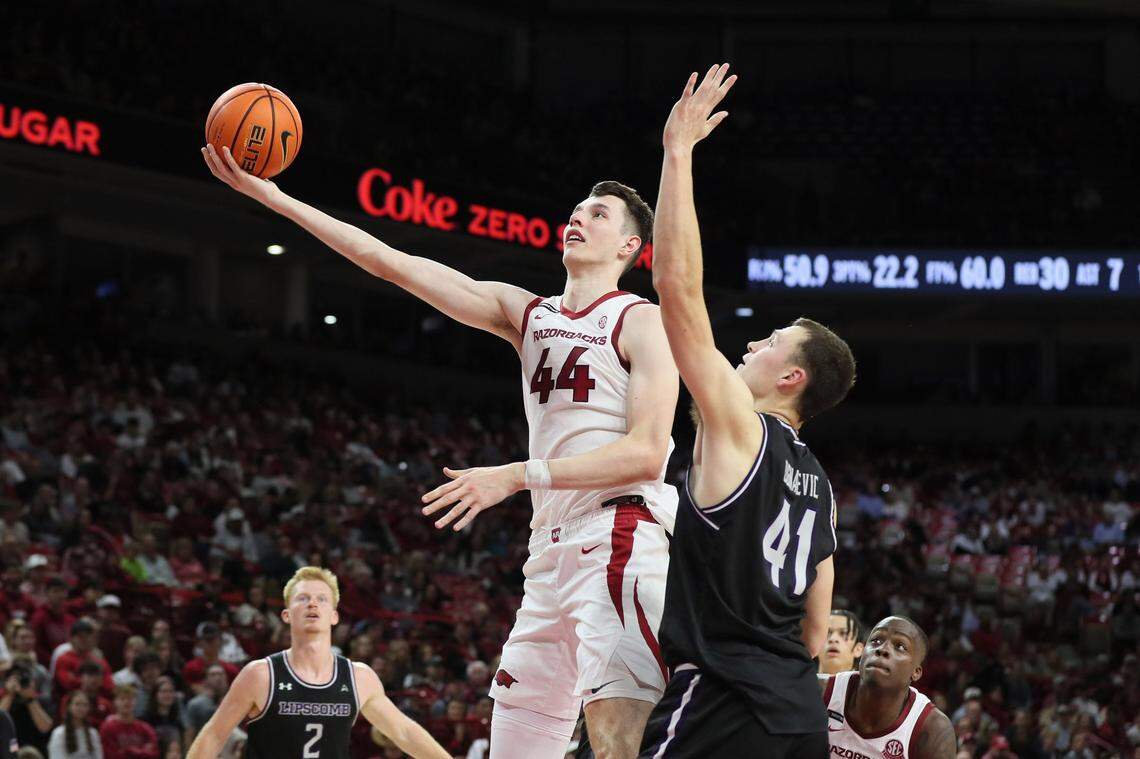 Arkansas Razorbacks forward Zvonimir Ivisic (44) is shooting better than 45% from 3-point range this season.