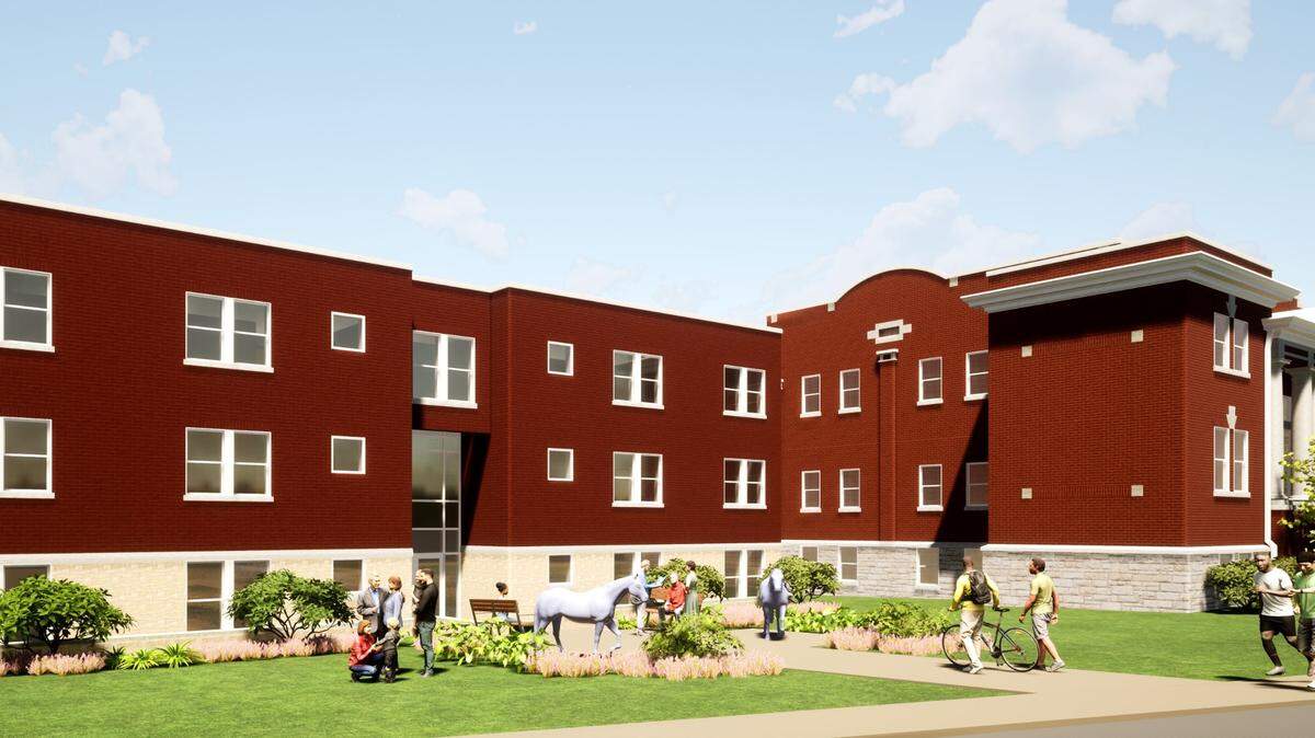 A rendering shows the possible construction of low-income senior housing attached to Woodland Christian Church. More housing would be included in former classroom space in the church building.