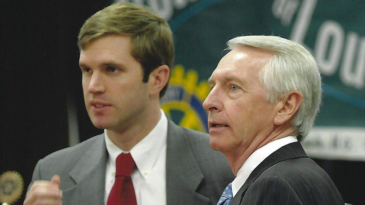 Gov. Steve Beshear in 2008 at a Louisville event with his son, Andy, who then was a lawyer in Louisville.