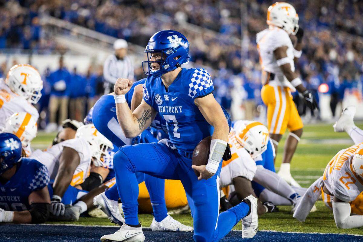 Kentucky quarterback Will Levis (7) celebrates scoring a touchdown against Tennessee during last season’s 45-42 defeat in Lexington.