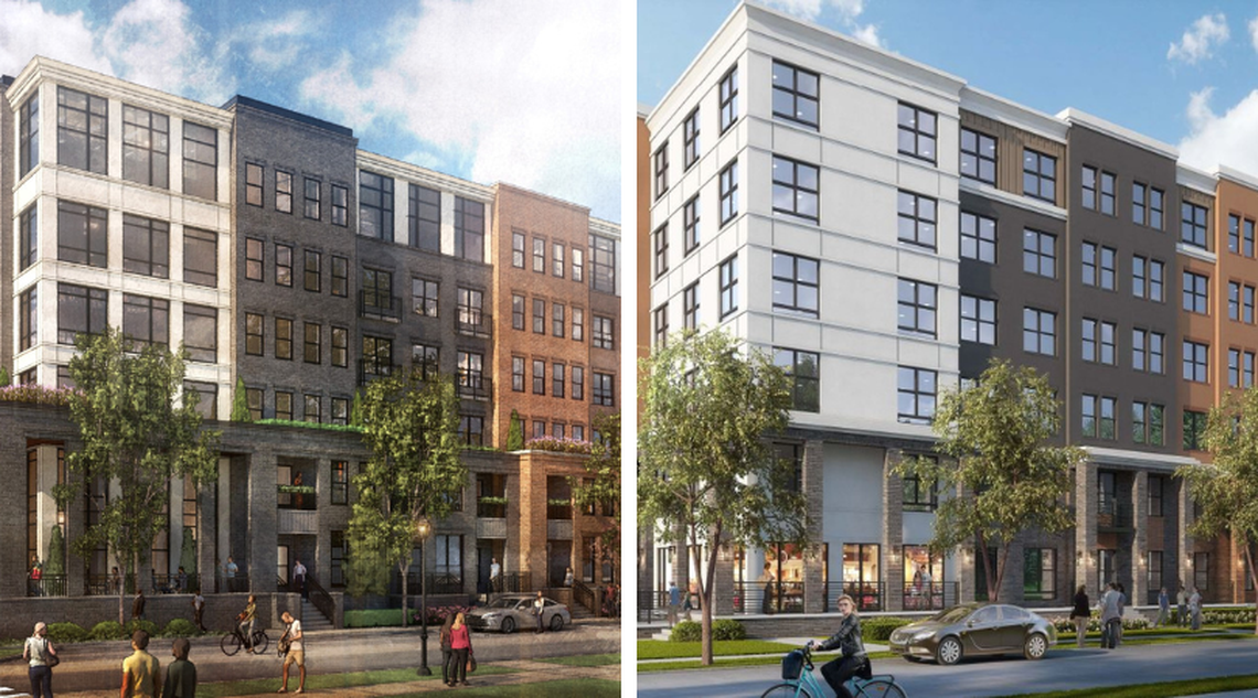 Initial designs, left, and the second designs for a 6-story apartment complex near the University of Kentucky’s campus on East Maxwell Street. The second set of plans, which included fewer windows, the removal of six town homes and the deletion of third-story balconies, was rejected by the planning commission. Ultimately the developers had a third plan approved.