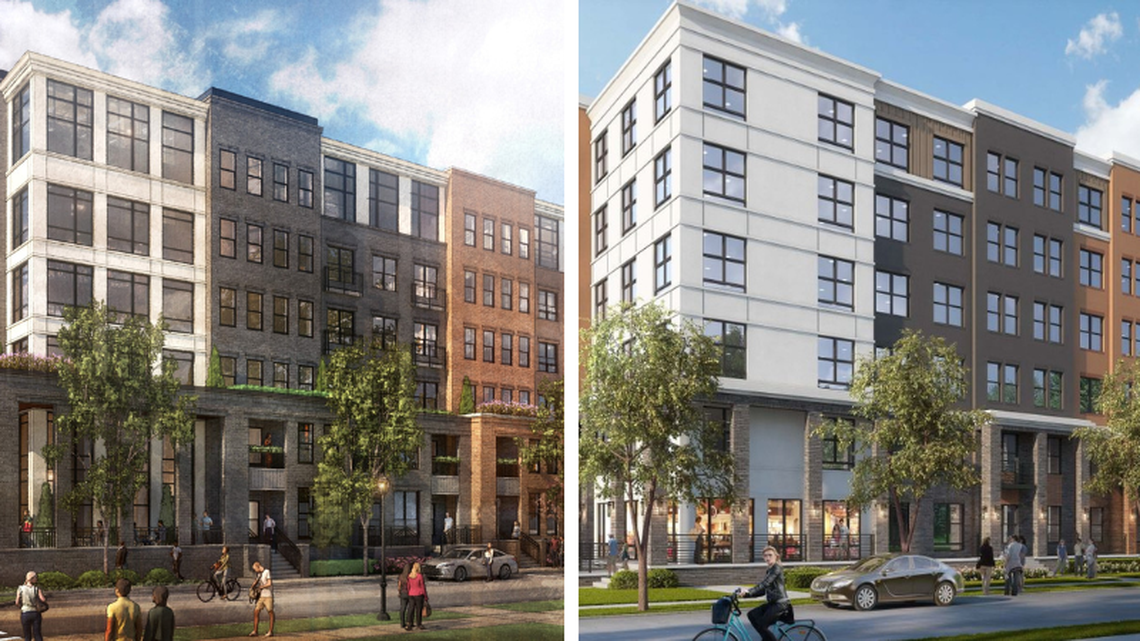 Initial designs, left, and final designs for a 6-story apartment complex near the University of Kentucky’s campus on East Maxwell Street. Developers presented several changes to the planning commission on Thursday, including fewer windows, the removal of six town homes and the deletion of third-story balconies. 