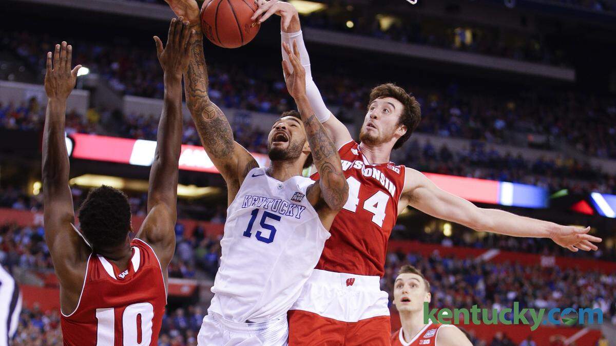 Kentucky Wildcats forward Willie Cauley-Stein (15) had his shot blocked by Wisconsin Badgers forward Frank Kaminsky (44) as  Wisconsin defeated Kentucky 71-64  in the NCAA Final Four on Saturday April 4, 2015 in Indianapolis, IN. Photo by Mark Cornelison | Staff







