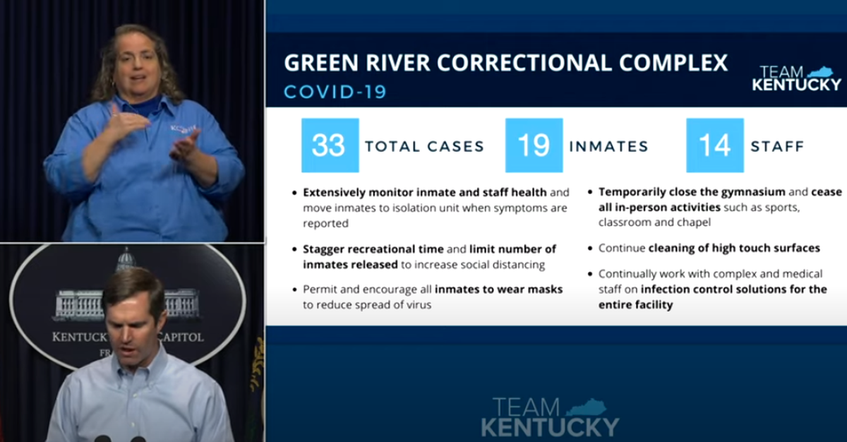 Gov. Andy Beshear talks about coronavirus infections at the Green River Correctional Complex on Thursday.