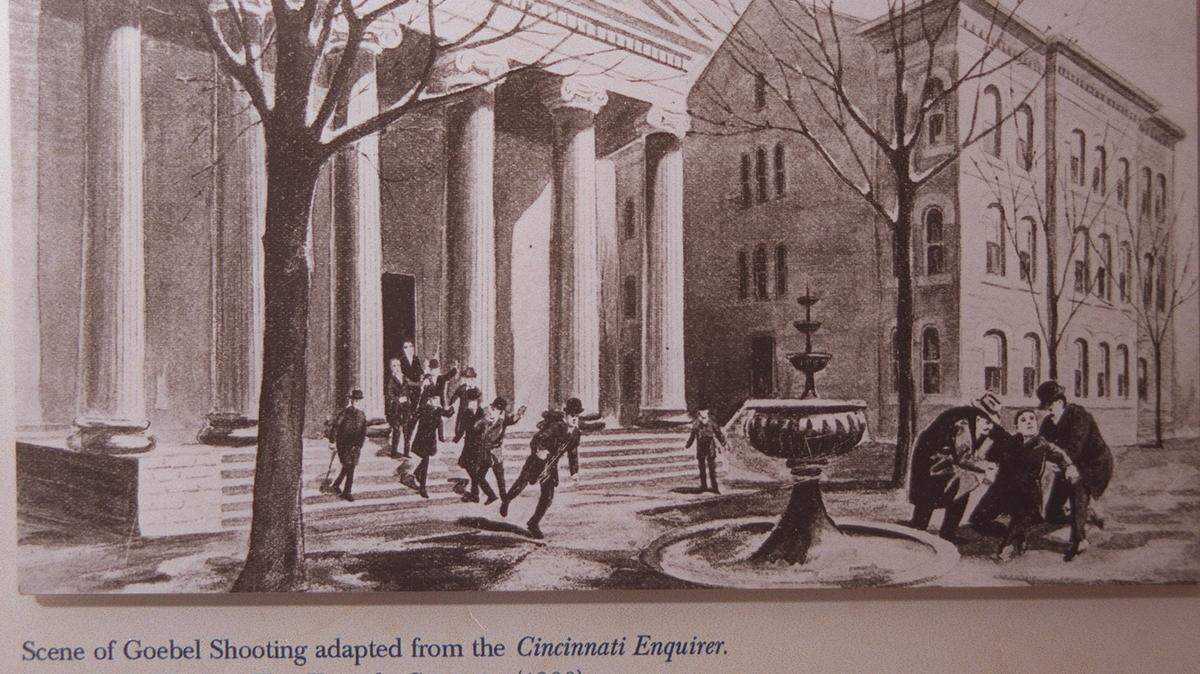 From Jan. 10, 2000 at the Ky. History Museum, artifacts on the 100th anniversary of the assassination of Ky. Gov. William Goebel. Scene of the Goebel shooting adapted from the Cincinnati Enquirer. From R.E. Hughes’ ”That Kentucky Campaign” (1900) .