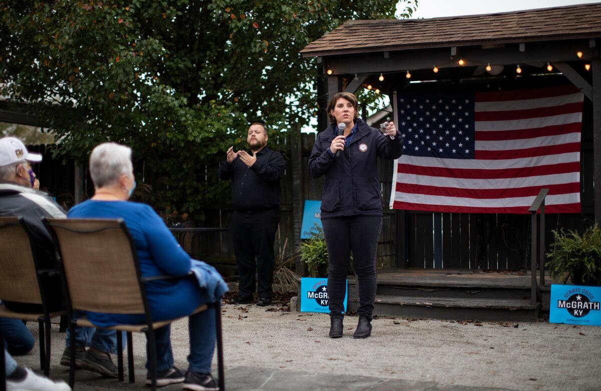 Democratic senate candidate Amy McGrath speaks during a campaign event at the Pioneer Playhouse in Danville, Ky., Wednesday, October 28, 2020. About 150 people attended the outdoor event.