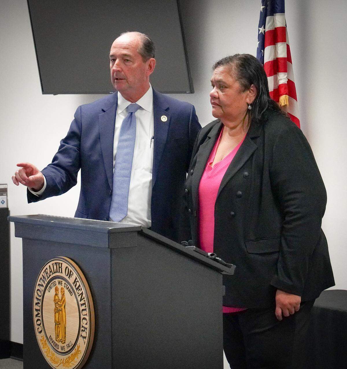 Rocky Adkins, senior adviser to Gov. Andy Beshear, and Department of Corrections Commissioner Cookie Crews speak before the groundbreaking of the Little Sandy Correctional Complex in Sandy Hook on Nov. 28.