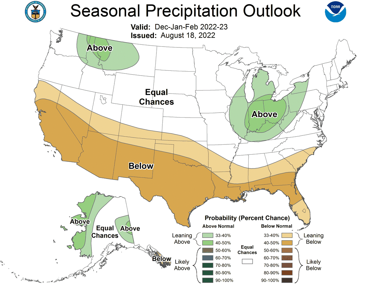 The Seasonal Precipitation Outlook from the National Weather Service Climate Prediction Center. The map shows much of Kentucky is leaning toward above normal levels of precipitation between December 2022 and February 2023. 