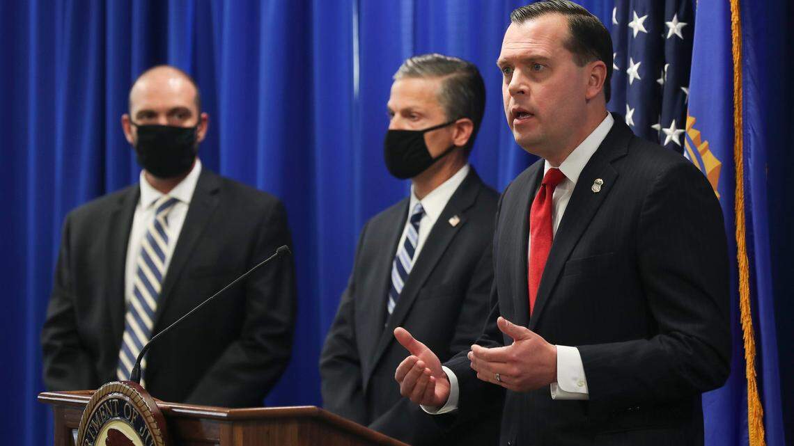 Russell Coleman, right, U.S. Attorney for the Western District of Kentucky, was joined by other officials on July 28, 2020 during a press conference to announce charges in gang-related activity at the United States Attorney's Office in downtown Louisville.

Doj 04 Sam