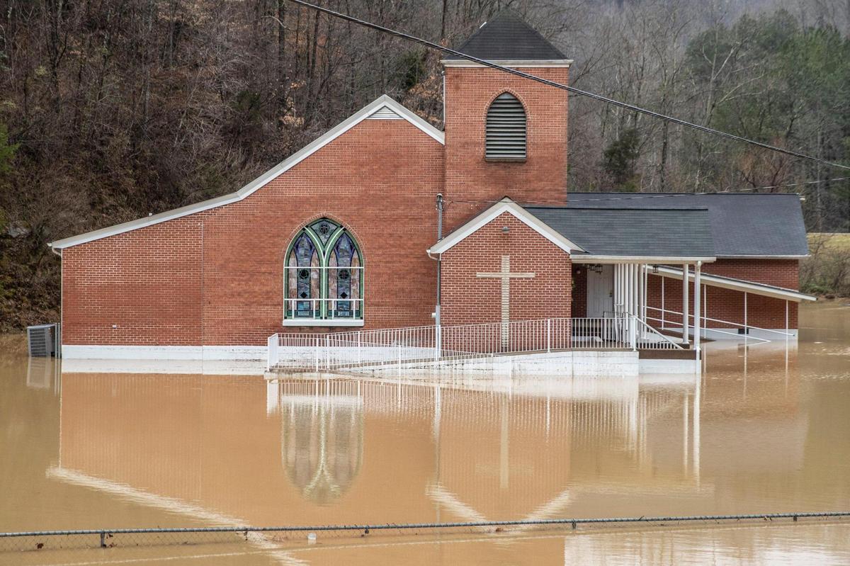 Flood waters surround Rockhouse Freewill Baptist Church in Johnson County, Ky., on Monday, March 1, 2021.