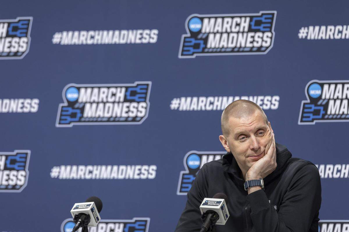 Kentucky head coach Mark Pope takes questions from reporters at Fiserv Forum in Milwaukee on Thursday ahead of the Wildcats’ NCAA Tournament opener against Troy on Friday night.