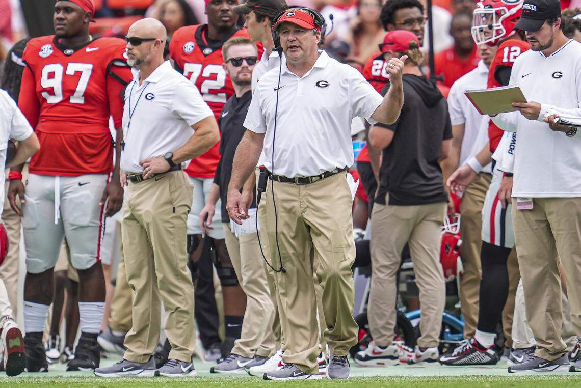 Georgia Bulldogs head football coach Kirby Smart reacts on the sidelines against the Tennessee Tech Golden Eagles during the second half at Sanford Stadium on Sept. 7, 2024.