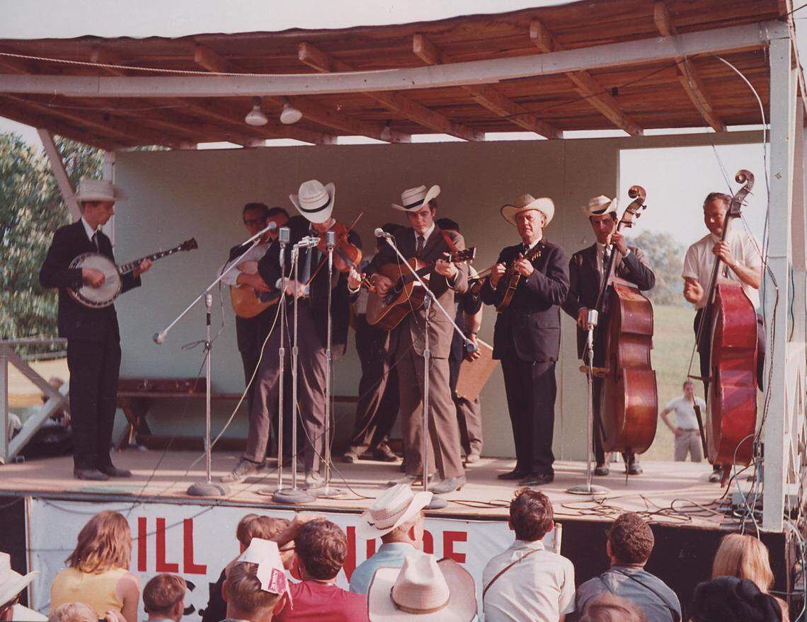 “Father of bluegrass” and Kentucky native Bill Monroe, third from right, played the first multi-day bluegrass festival in history in 1965 on a horse farm in Fincastle, Va.