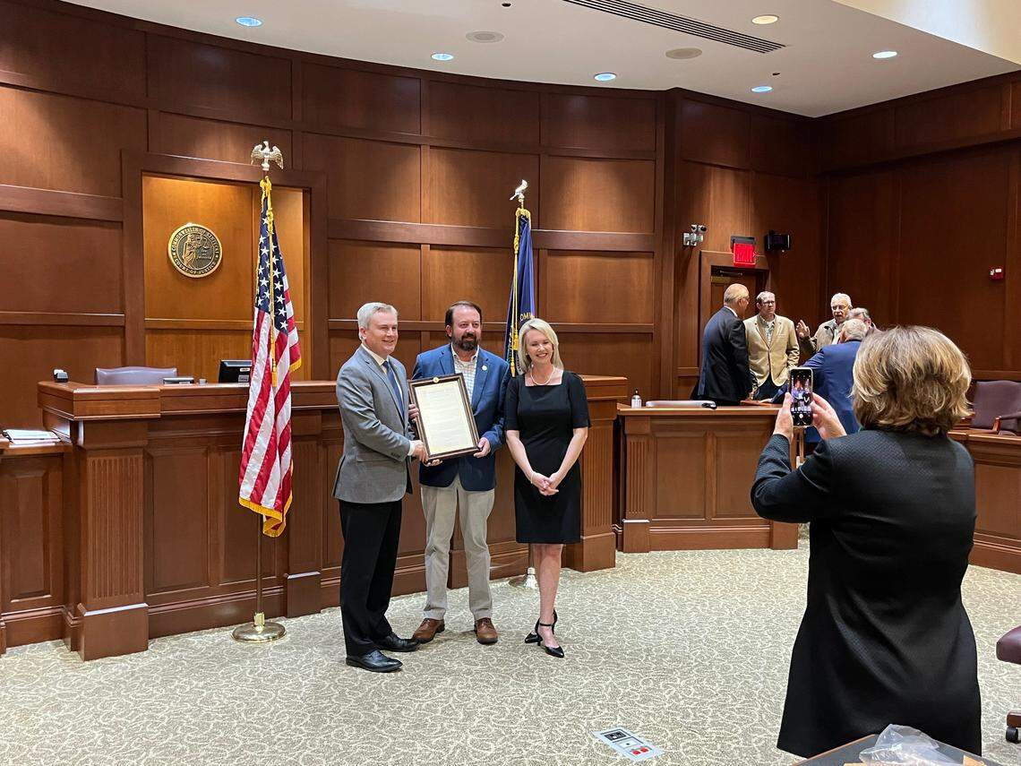 James Comer (left) is pictured with his successor in former state represenatative Bart Rowland and Rowland’s new successor in Rep. Amy Neighbors, R-Edmonton.