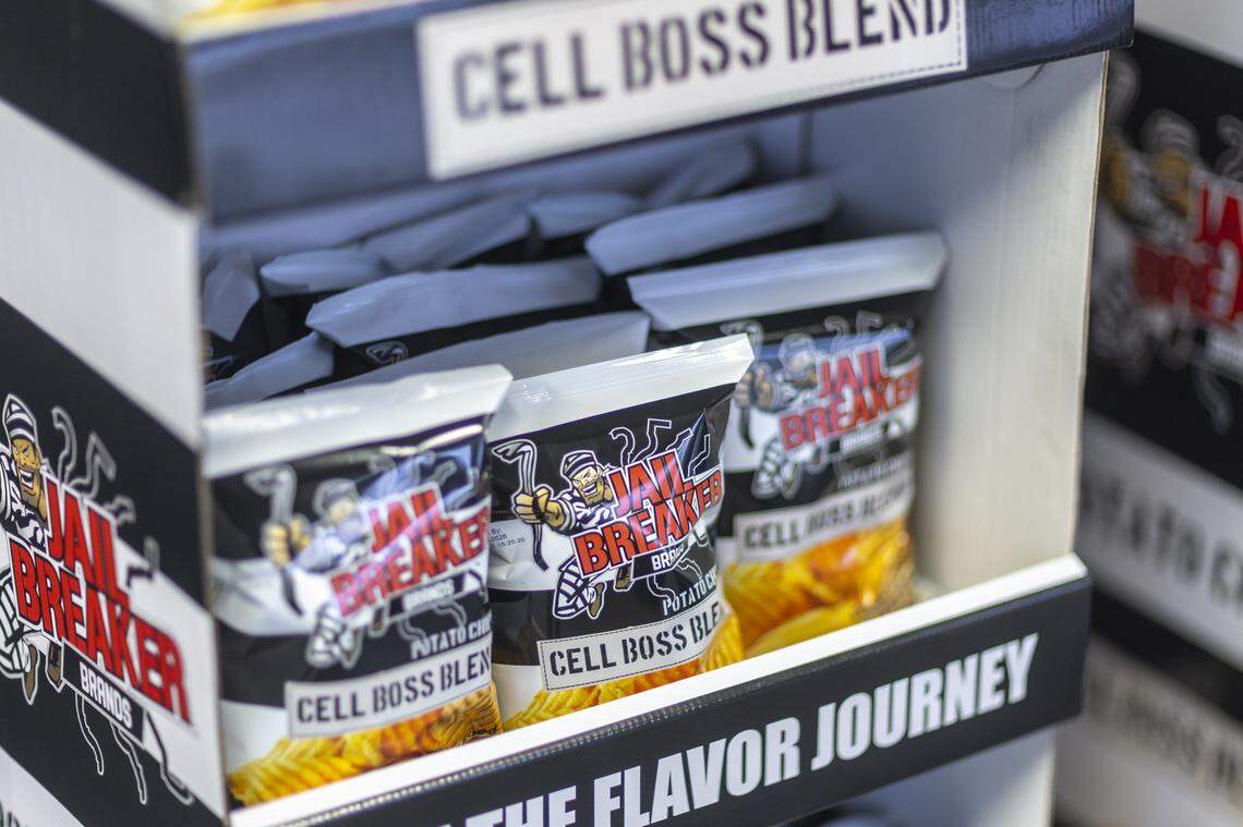Jail Breaker Brands’ Cell Boss Blend potato chips are displayed at the company’s headquarters in London, Ky. 