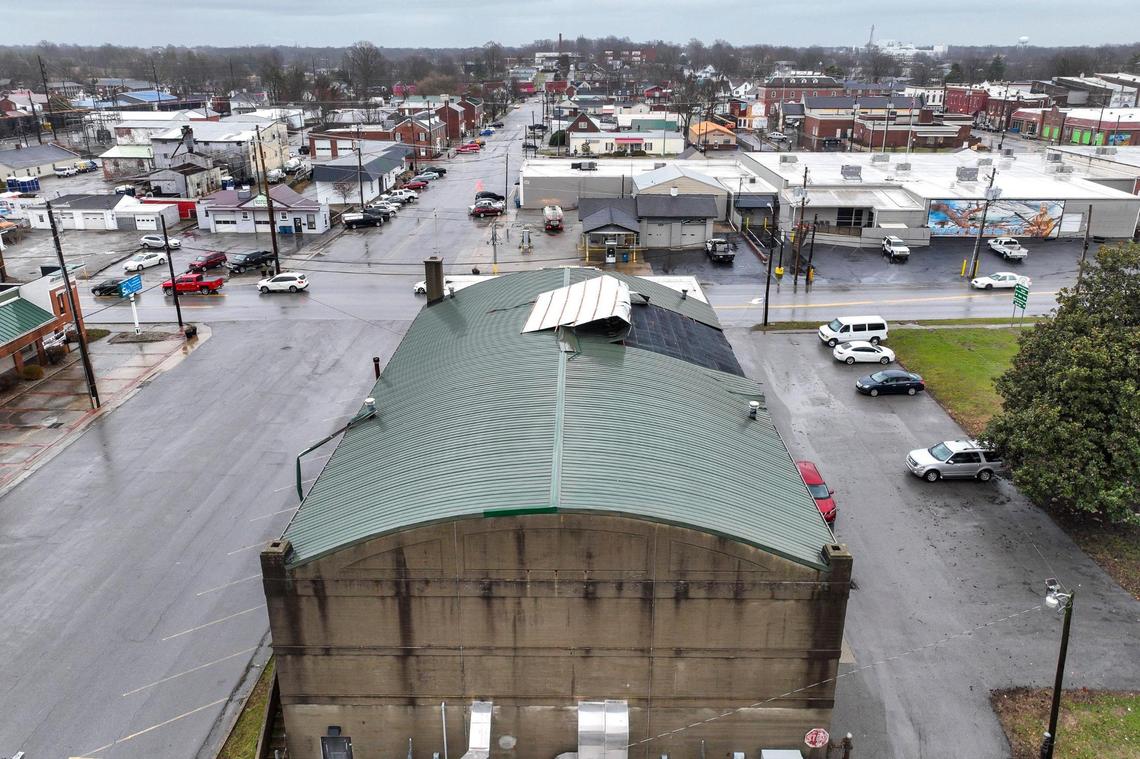 A portion of the roof on the Wilderness Trace Family YMCA in Harrodsburg, Ky., was damaged by a storm on Thursday, Jan. 12, 2023. The National Weather Service is still surveying damage, but has reported an EF-1 tornado went through west Harrodsburg.