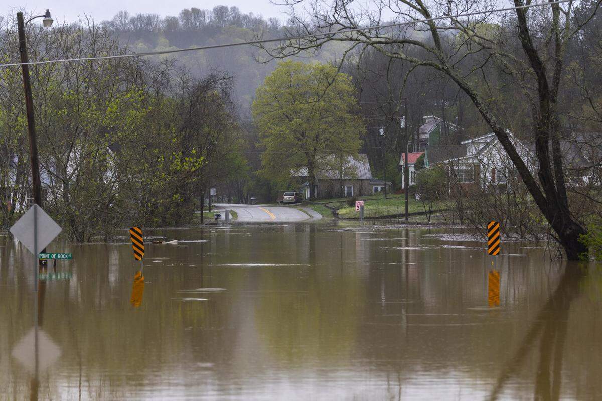 Monterey Pike, a road into Monterey, Ky., is flooded on Sunday, April 6, 2025.