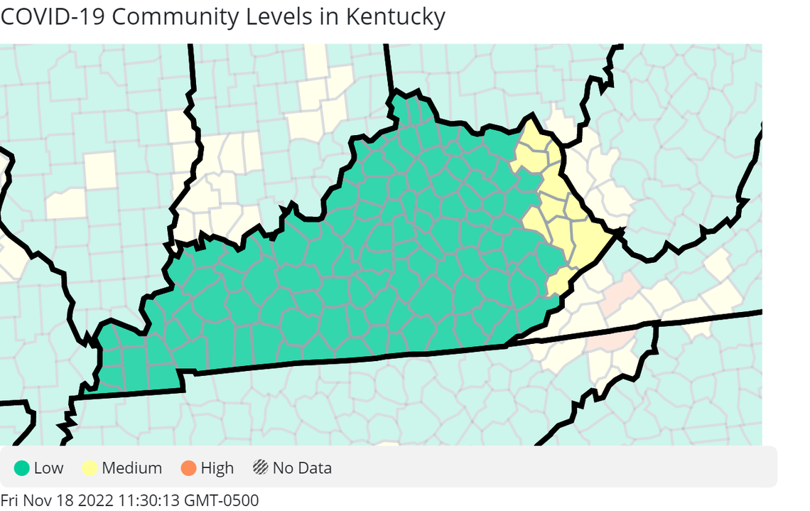 The latest COVID-19 Community Level map from the CDC shows that only 10 Kentucky counties are experiencing medium levels of the disease, and none are at high levels. The rest are seeing low Community Levels, per the CDC. The 10 counties at medium Community Levels are concentrated in eastern Kentucky. They include the following counties: Greenup, Carter, Boyd, Lawrence, Johnson, Magoffin, Martin, Floyd, Pike and Letcher county.