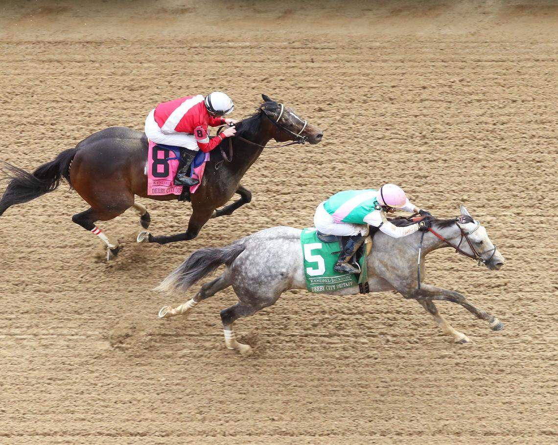Obligatory went from last to first, making up 14 lengths, to win the Derby City Distaff on Saturday at Churchill Downs.