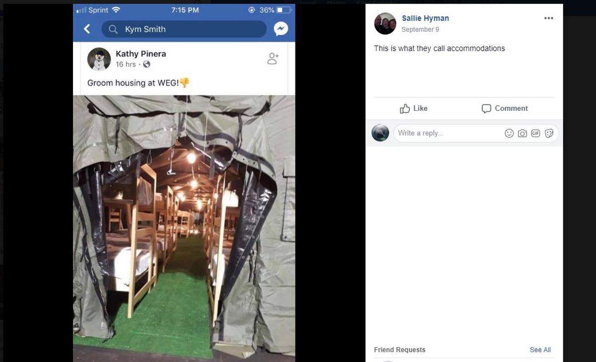 A photo of a dormitory tent for allegedly for some grooms to use at the World Equestrian Games at Tryon was posted on Facebook. Others have two-person “cabins” with bunk beds or RVs.