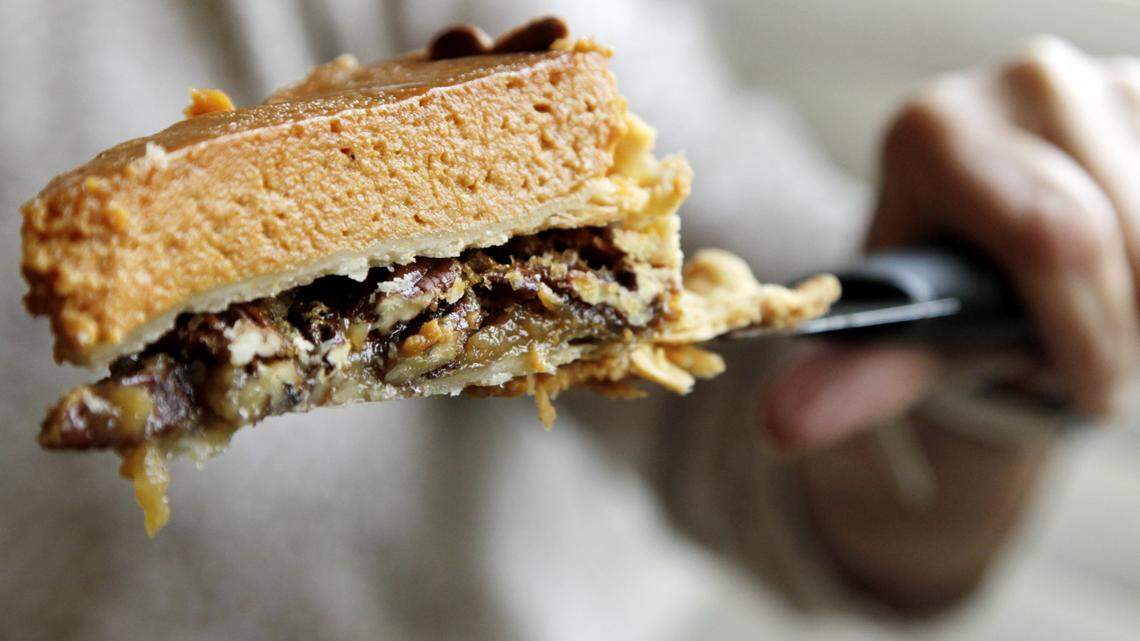  The concept of stack pies is pretty simple: pile one type of pie atop another to your heart's — and stomach's — content. Here it's pumpkin over pecan, which might be a good way to cover your bases at Thanksgiving. But in some circles, using just two pies would be considered child's play.            