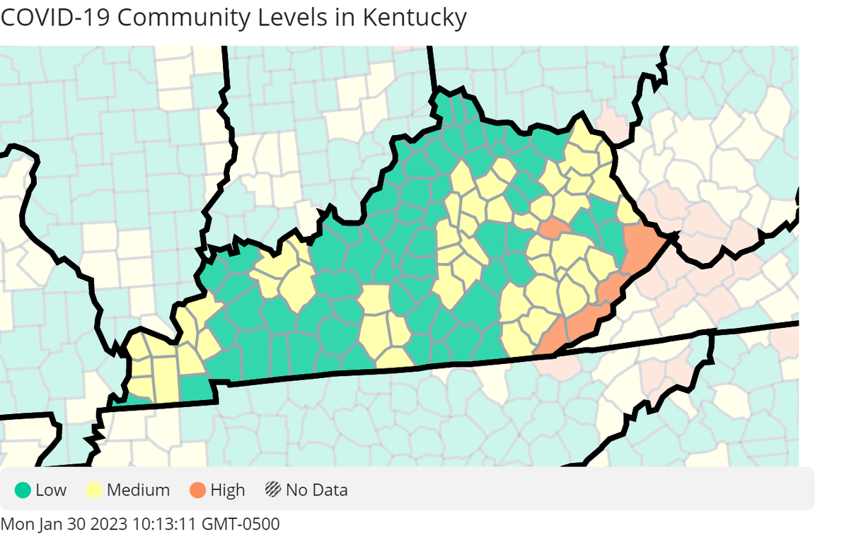 The latest COVID-19 community levels from the CDC for Kentucky. 