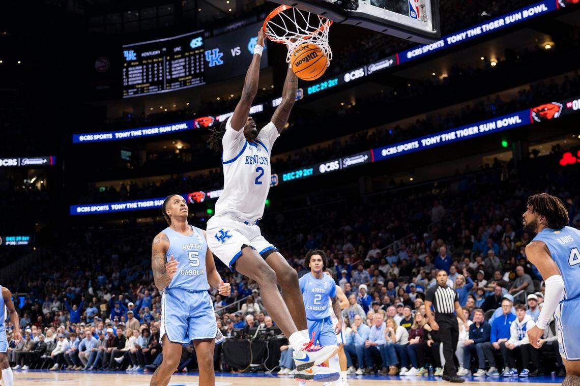 Kentucky freshman Aaron Bradshaw (2) had 12 points, three rebounds and two steals in UK’s 87-83 win over North Carolina last Saturday in the CBS Sports Classic.